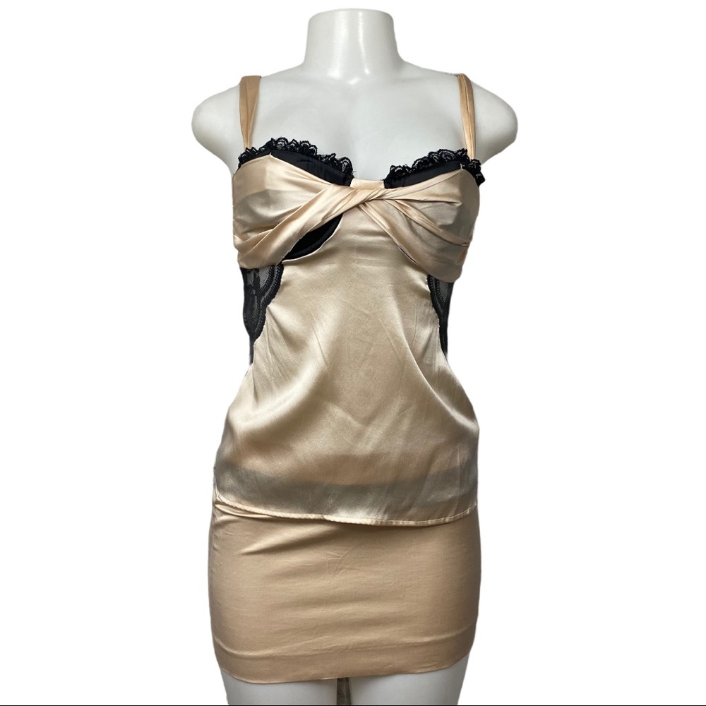 VTG Y2K Bebe Champagne Corset Top & Mini Skirt Set XS/2 - Picture 1 of 11
